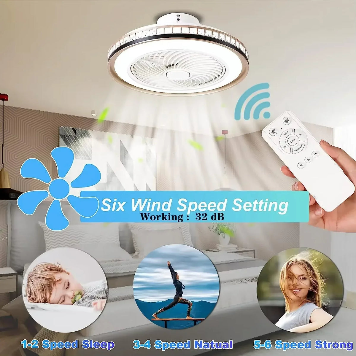 Lustre de plafonnier avec ventilateur LED décoratif et haut-parleur Bluetooth