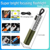 A green and white rechargeable LED flashlight with a focus and concentrate feature, showing various accessories and specifica