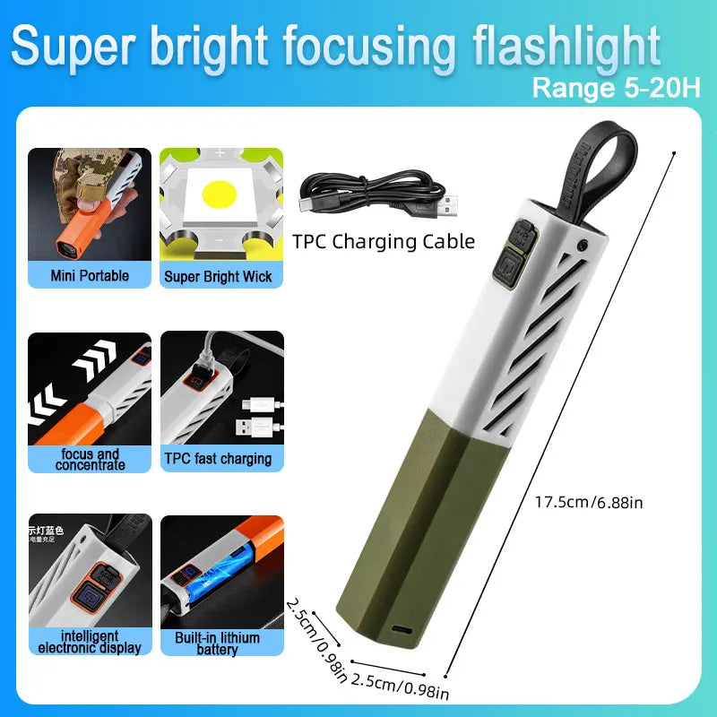 A green and white rechargeable LED flashlight with a focus and concentrate feature, showing various accessories and specifica