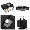 Black men's business commuter laptop briefcase shown in various views, including an open bag and a closed bag with a laptop i
