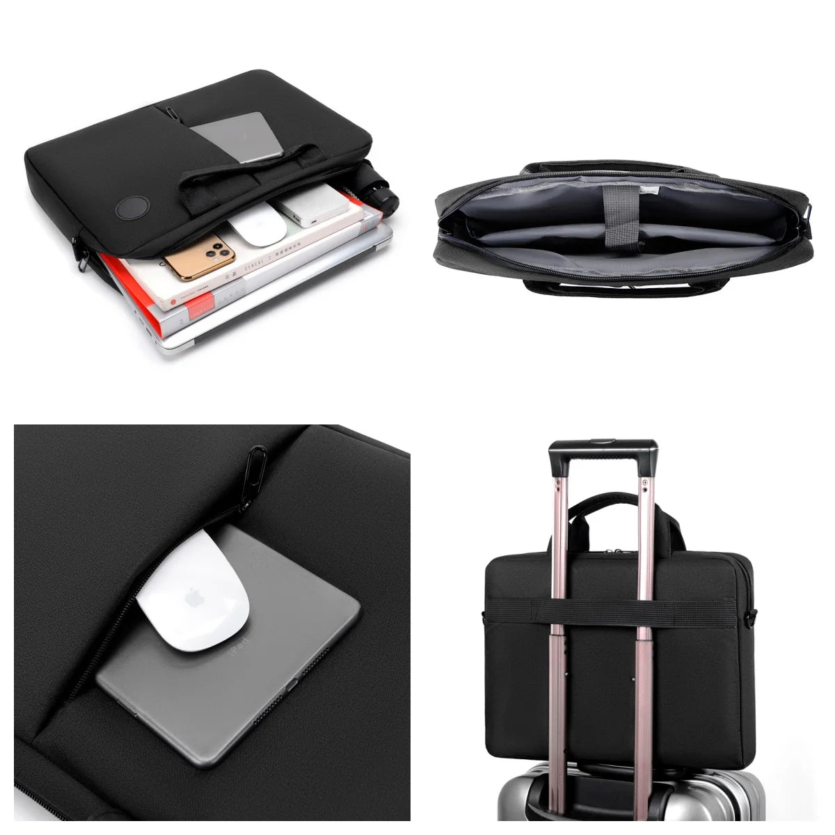 Black men's business commuter laptop briefcase shown in various views, including an open bag and a closed bag with a laptop i