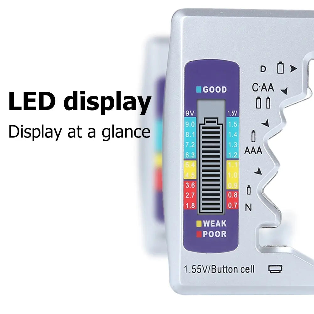 A close-up of a digital battery tester showing an LED display with voltage readings and battery status indicators.