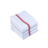 A stack of white cotton kitchen towels with red stripes.