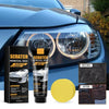 A bottle of Scratch Repair Wax is shown next to a blue car headlight, demonstrating its use for restoring gloss and removing 