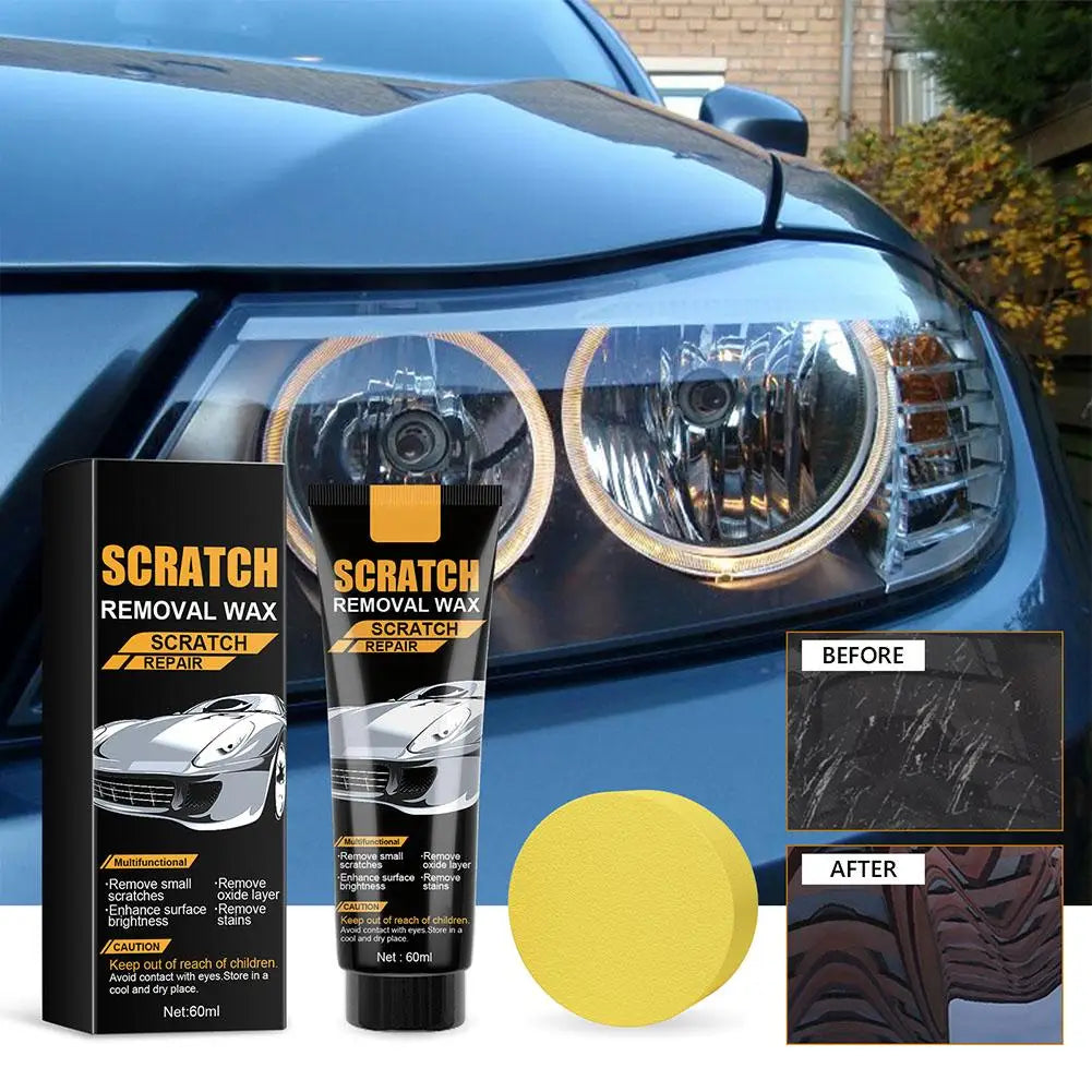 A bottle of Scratch Repair Wax is shown next to a blue car headlight, demonstrating its use for restoring gloss and removing 