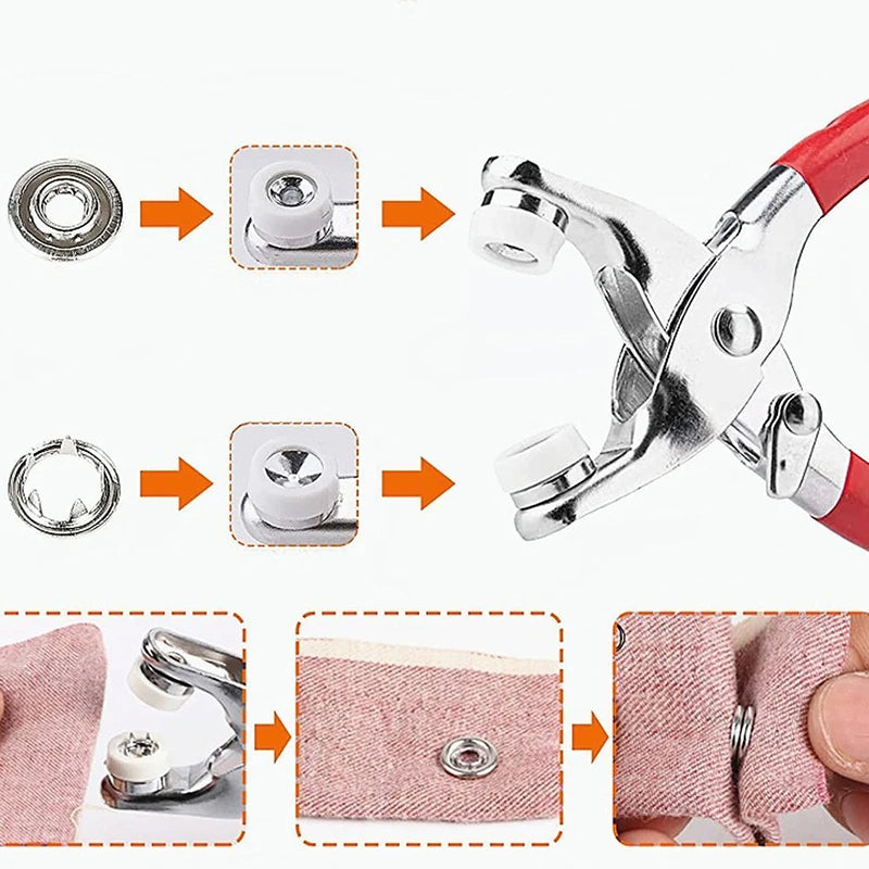 A set of snap fasteners and hand press pliers used for sewing and crafting projects.