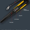 A black metal detection rod pinpointer with a portable chain buckle, LED display, and flashlight.