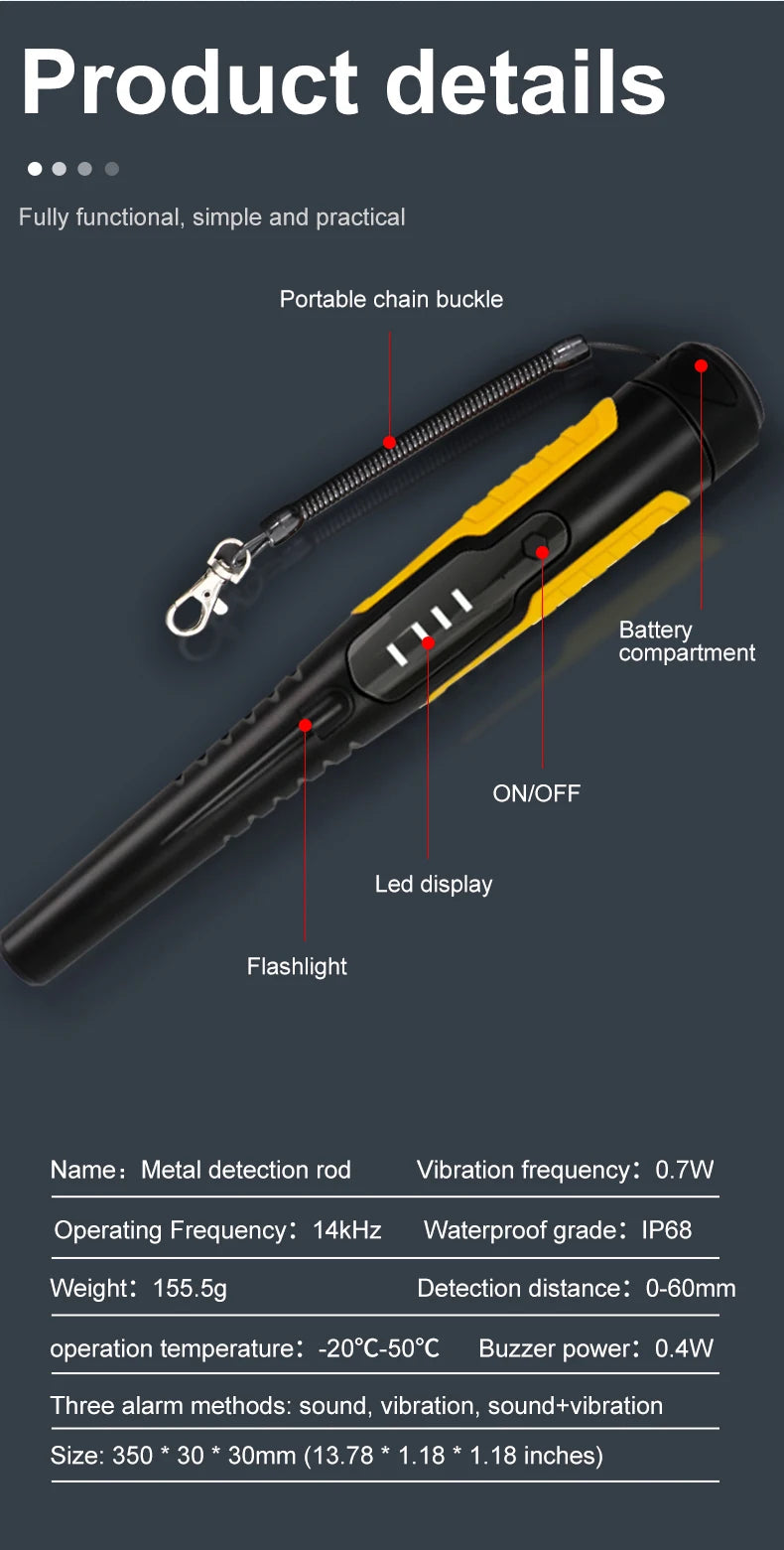 A black metal detection rod pinpointer with a portable chain buckle, LED display, and flashlight.