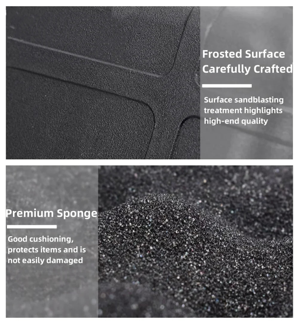 Close-up view of a frosted surface and premium sponge material used in waterproof sealed storage boxes.