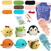 A collection of colorful yarn and crochet patterns used to create cute animal amigurumi figures.