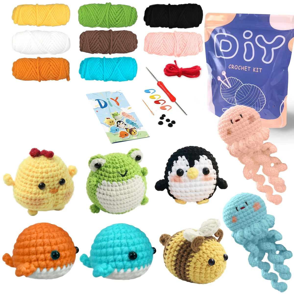 A collection of colorful yarn and crochet patterns used to create cute animal amigurumi figures.