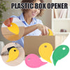 A person is using a yellow plastic box opener to open a cardboard box, with various colored plastic openers displayed below.
