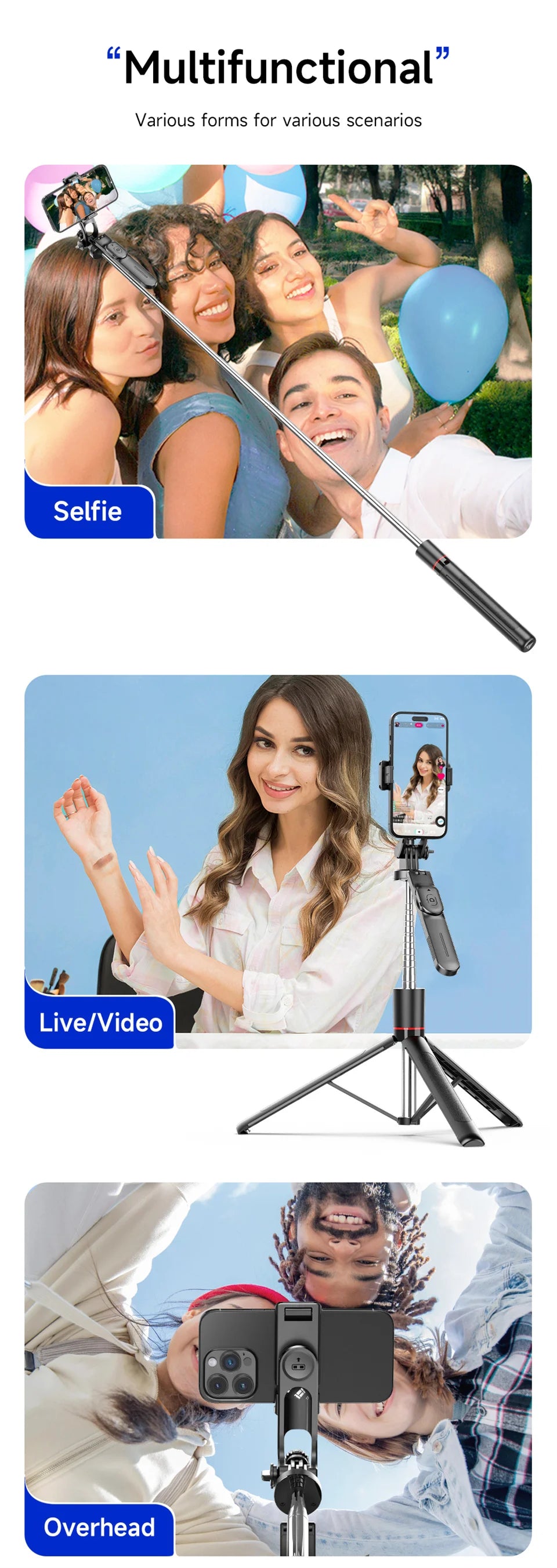 Adjustable Selfie Stick Tripod with Bluetooth Remote and Fill Light