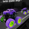 A purple off-road stunt car with green wheels is shown in a dynamic design on a track.