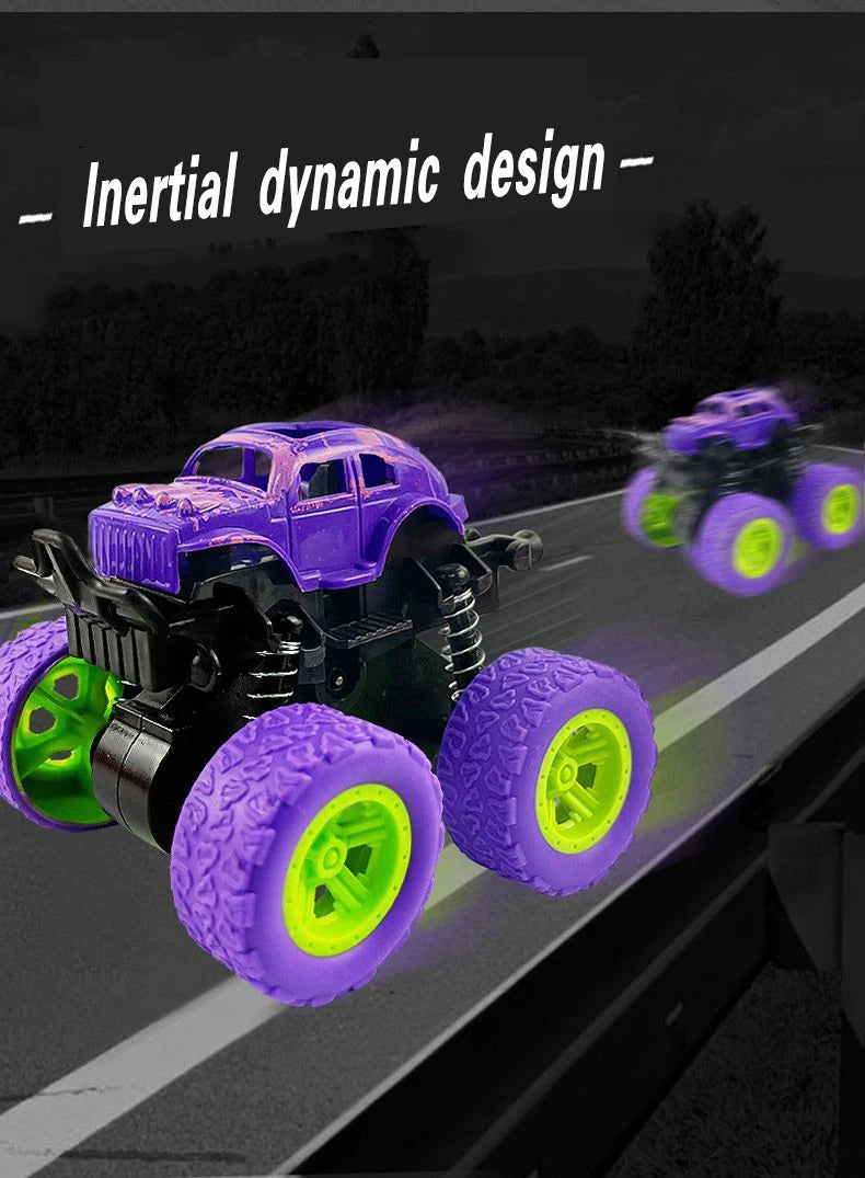 A purple off-road stunt car with green wheels is shown in a dynamic design on a track.