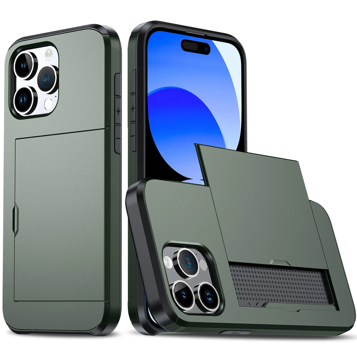 A slim protective phone case in olive green showing both the front and back views.