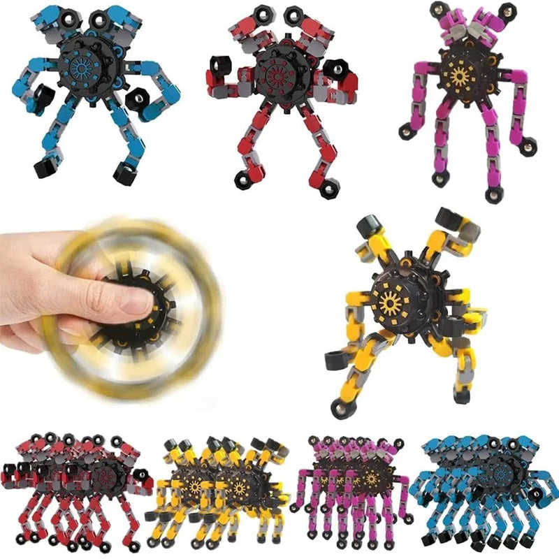 A set of transformable fidget spinners in various colors and designs for anxiety relief.