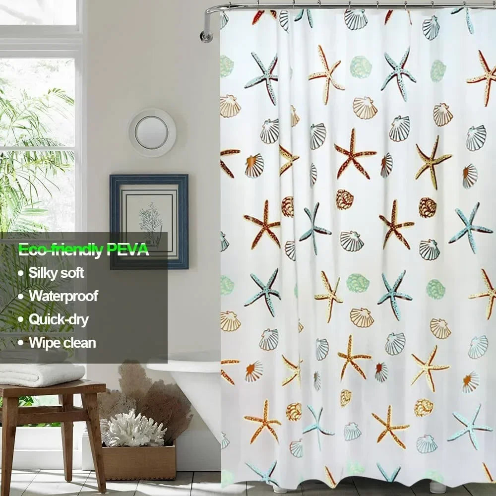 Starfish Waterproof PEVA Shower Curtain with Hooks