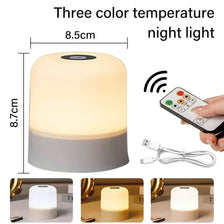 A three-color temperature night light with an 8.5cm diameter and 8.7cm height shown in various angles.