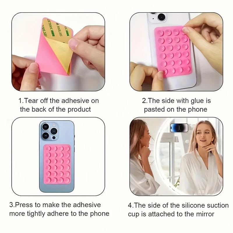Instructions showing how to attach reusable silicone suction phone mounts to a phone and a mirror.