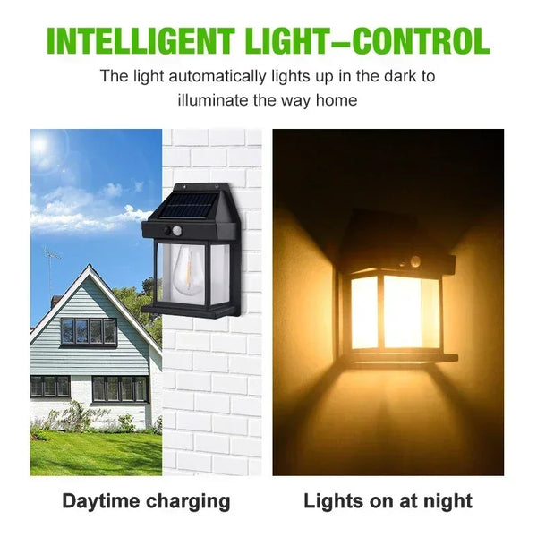 Luz de pared solar cargándose de día e iluminando un pasillo oscuro de noche