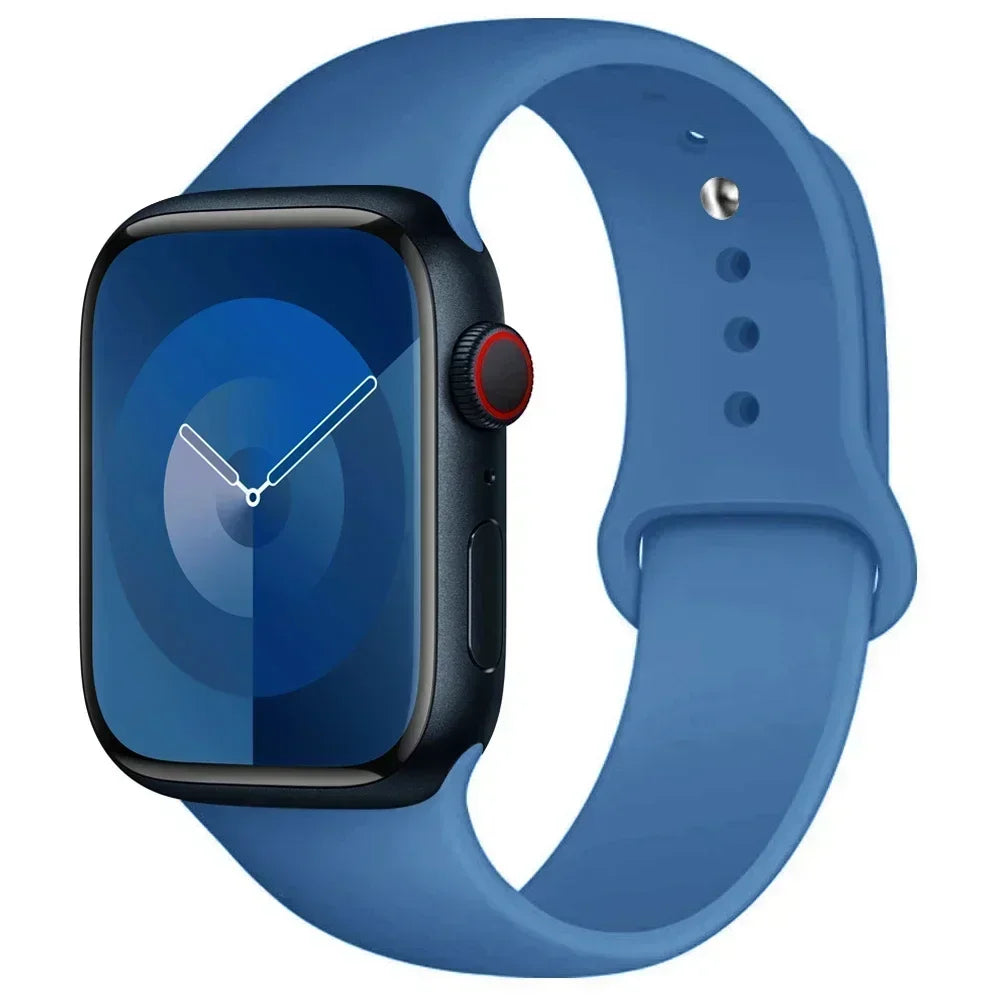 A blue silicone sport band for an Apple Watch shown on a white background.