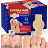 Box of fungal nail patches and a beige patch on a finger showing before and after results