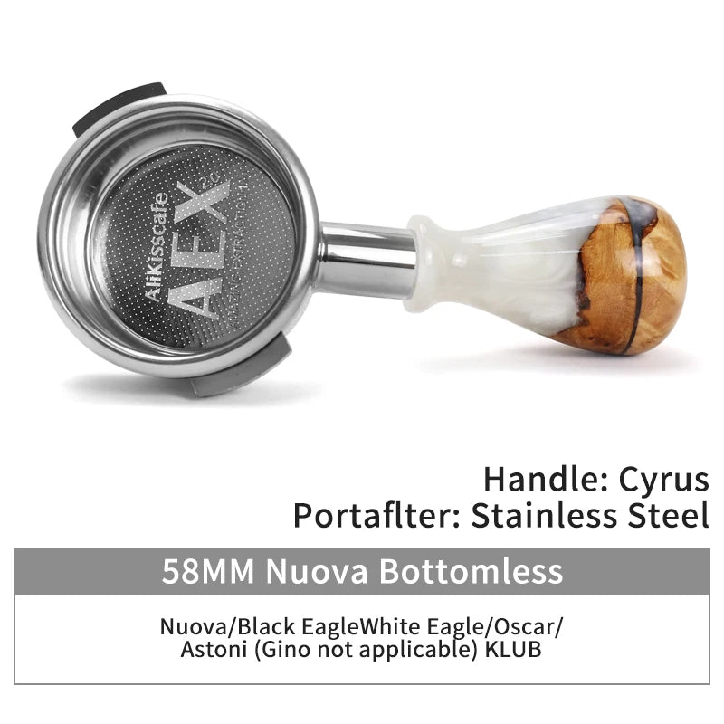 A stainless steel bottomless espresso portafilter with a light wood handle for brewing coffee.