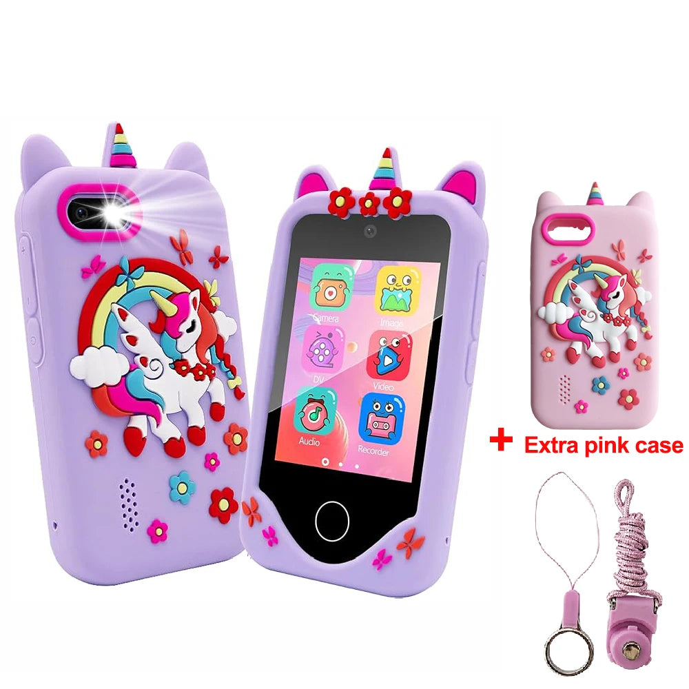 A purple kids smart phone toy with a cat design and extra pink case shown next to the phone.