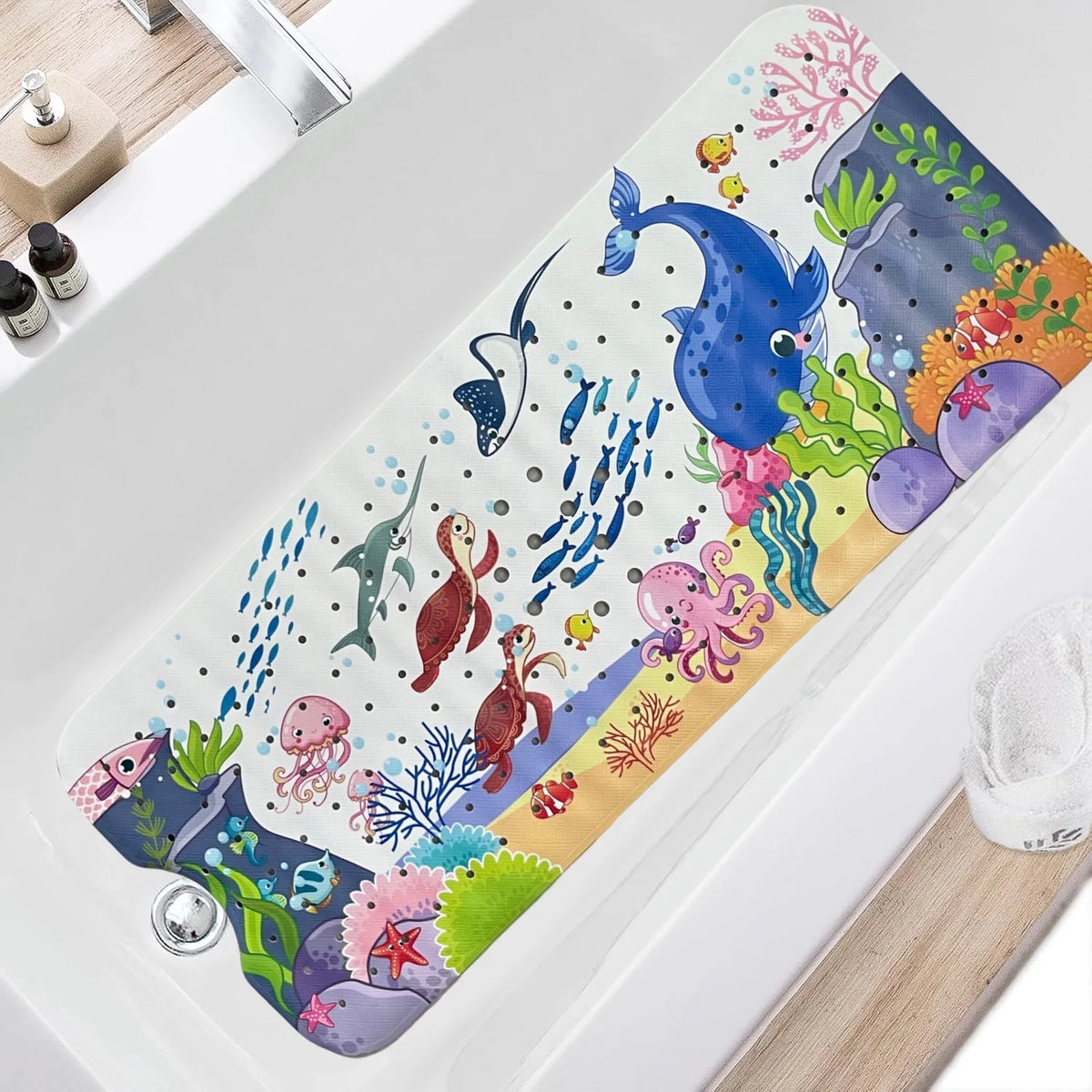 Extra long non-slip cartoon bathtub mat with suction cups featuring colorful sea creatures