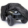 A black heavy-duty ATV cover is shown protecting an ATV, featuring rugged tires and a protective hood.