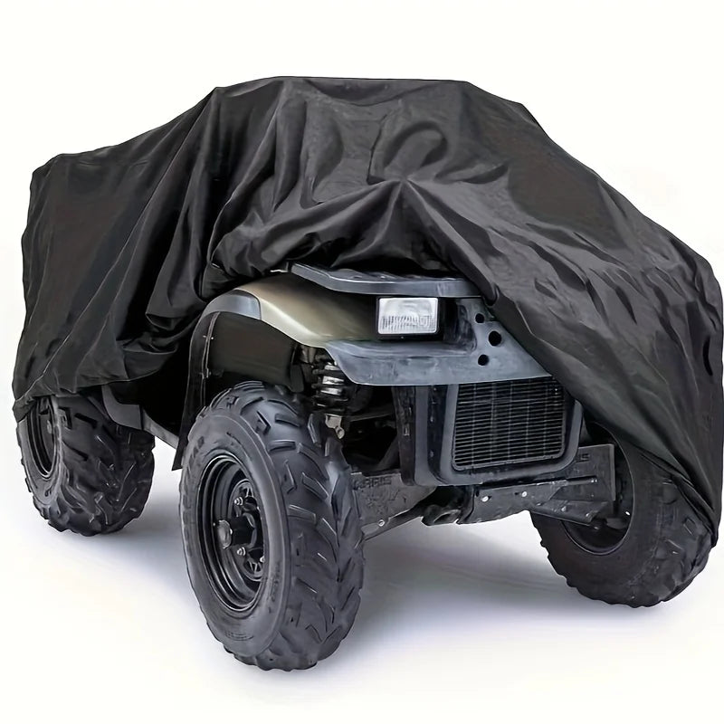 A black heavy-duty ATV cover is shown protecting an ATV, featuring rugged tires and a protective hood.