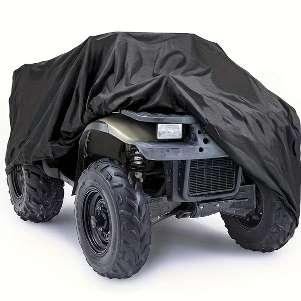 A black heavy-duty ATV cover is shown protecting an ATV, featuring rugged tires and a protective hood.
