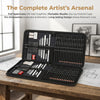A black complete artist's arsenal kit showing various graphite and charcoal pencils and accessories laid out on a wooden tabl