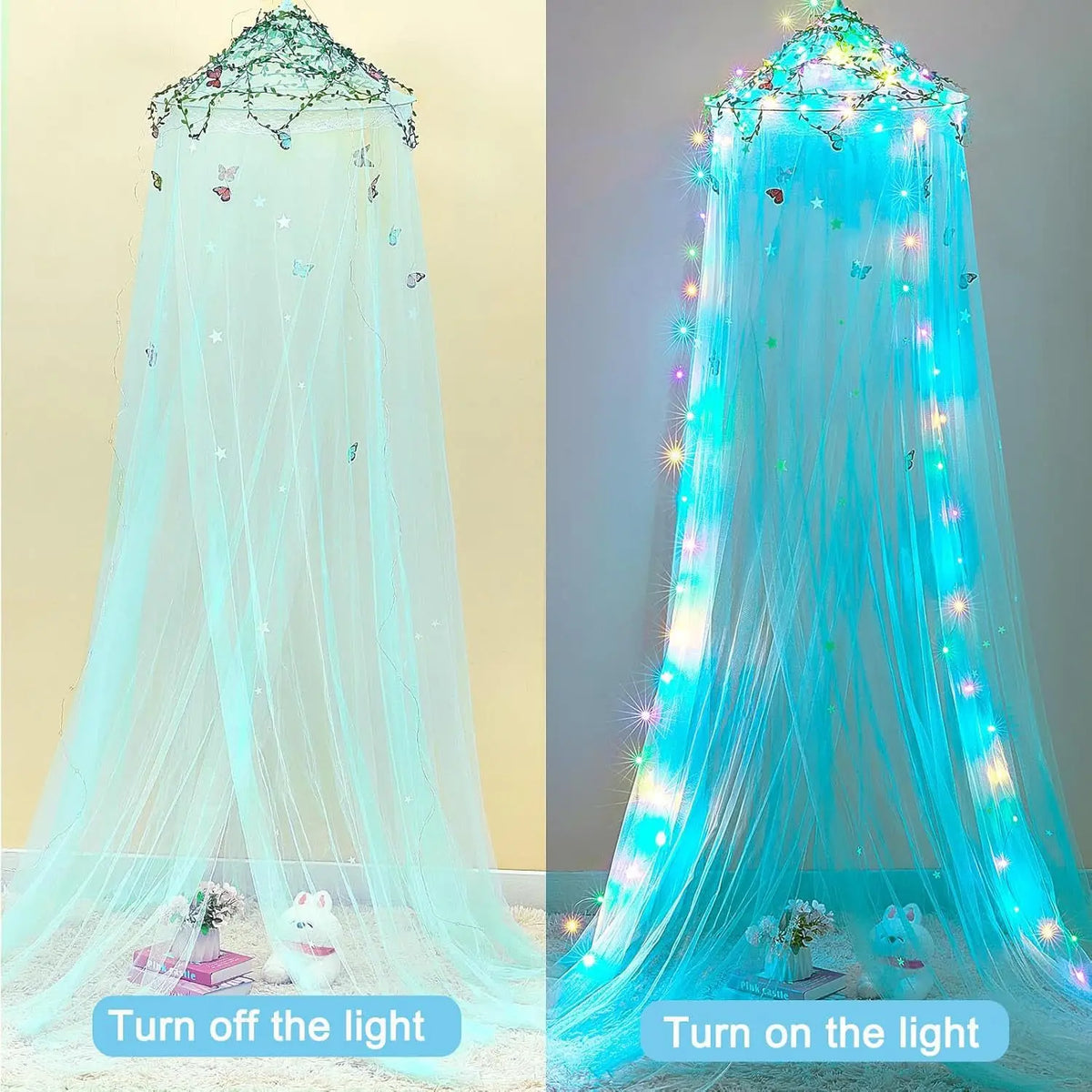 Light blue sheer fabric mosquito net with LED lights draped like a bed curtain