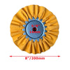 Yellow 8-inch airway buffing wheel with a silver gear and 16mm dimension marking.