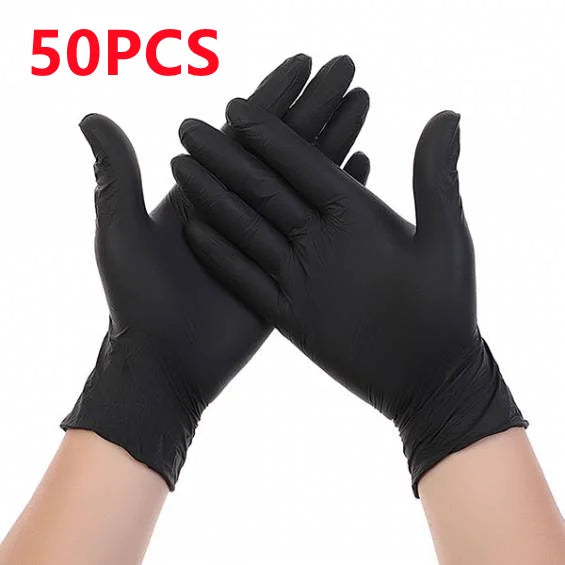 A pair of black heavy duty disposable nitrile cleaning gloves are shown, ready for use.