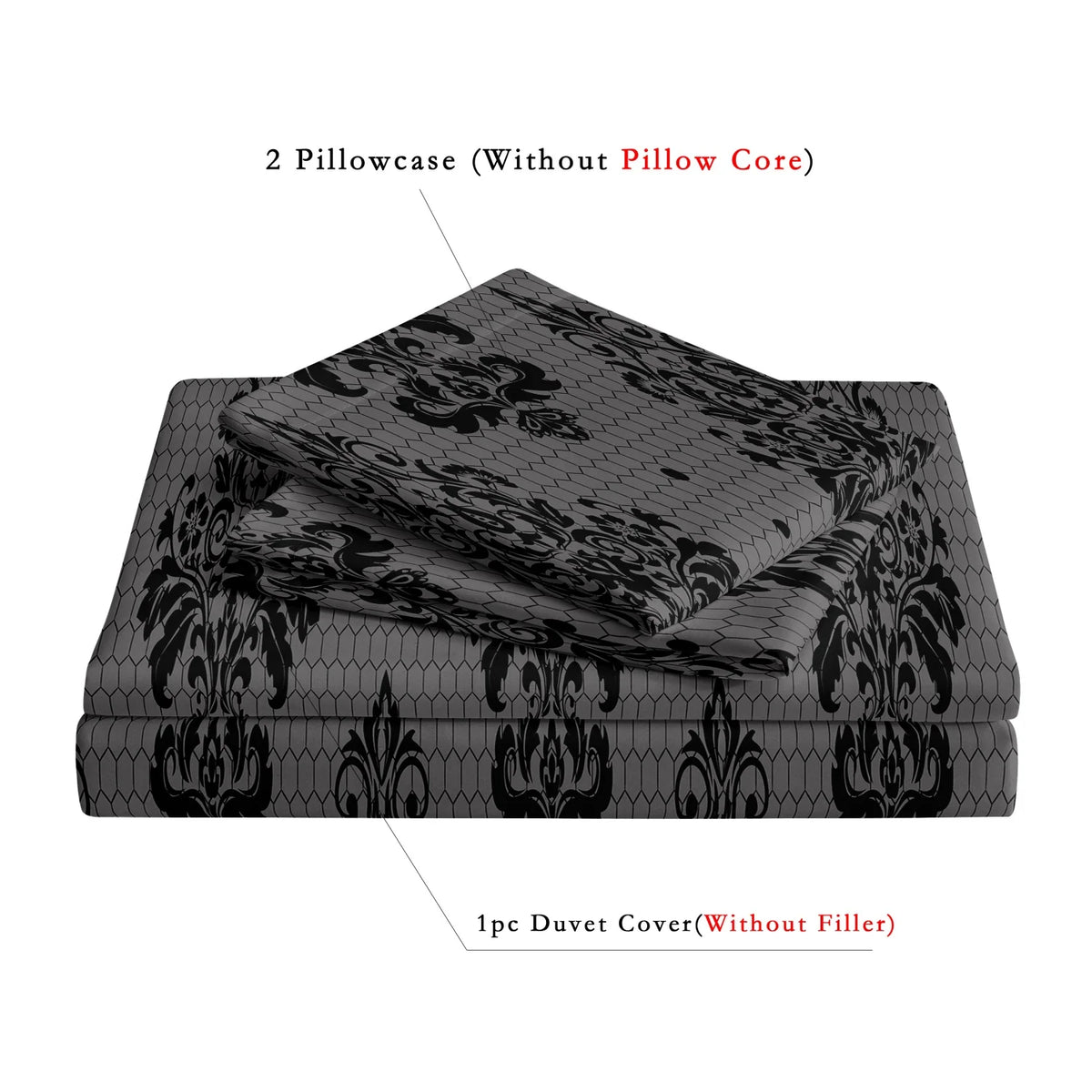 Gray and Black Damask Print Duvet Cover Set with Honeycomb Motif
