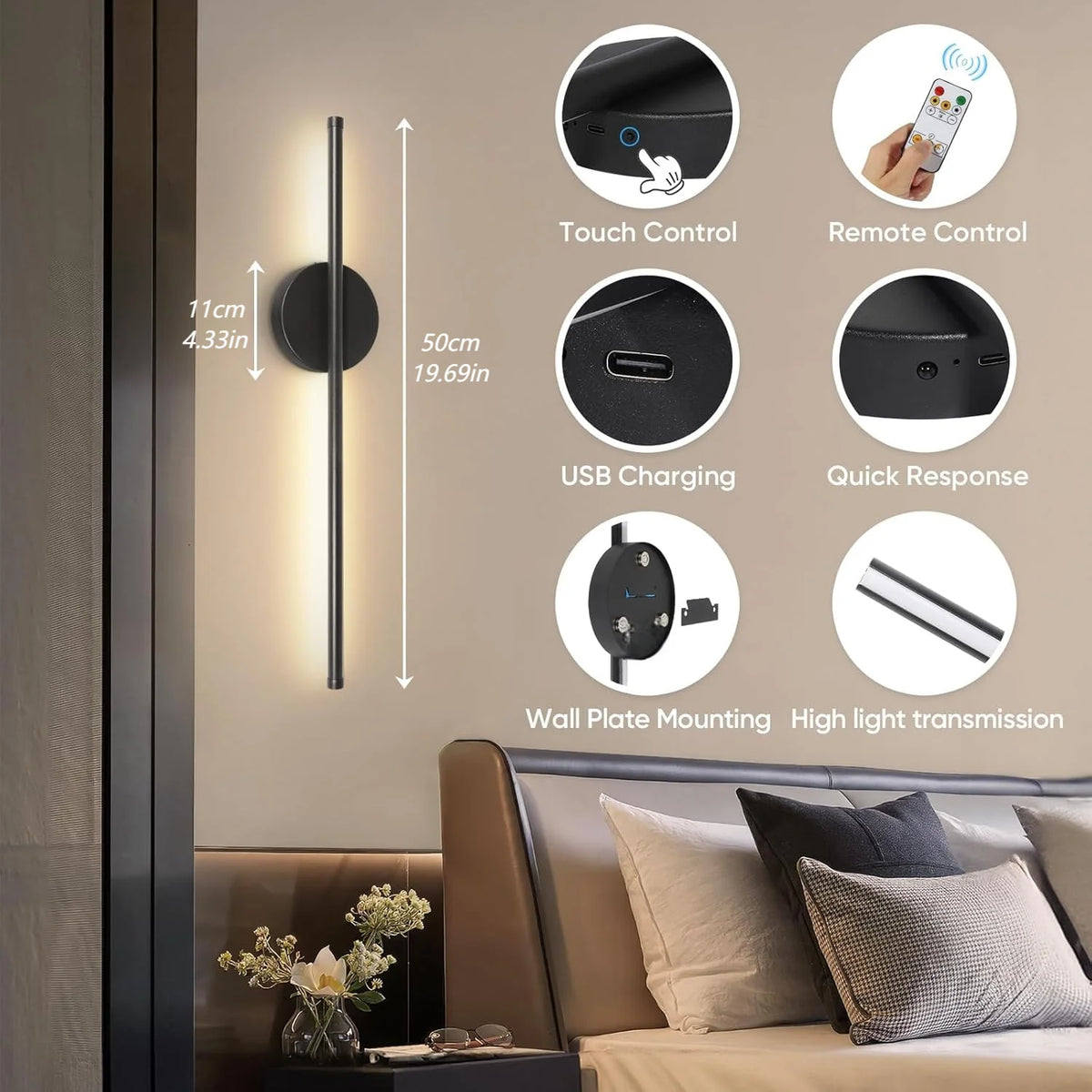 A set of rechargeable LED wall sconces with remote control and various functions shown on a bedside table.