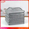 A stack of gray multipurpose non-stick kitchen cleaning cloths on a white surface.