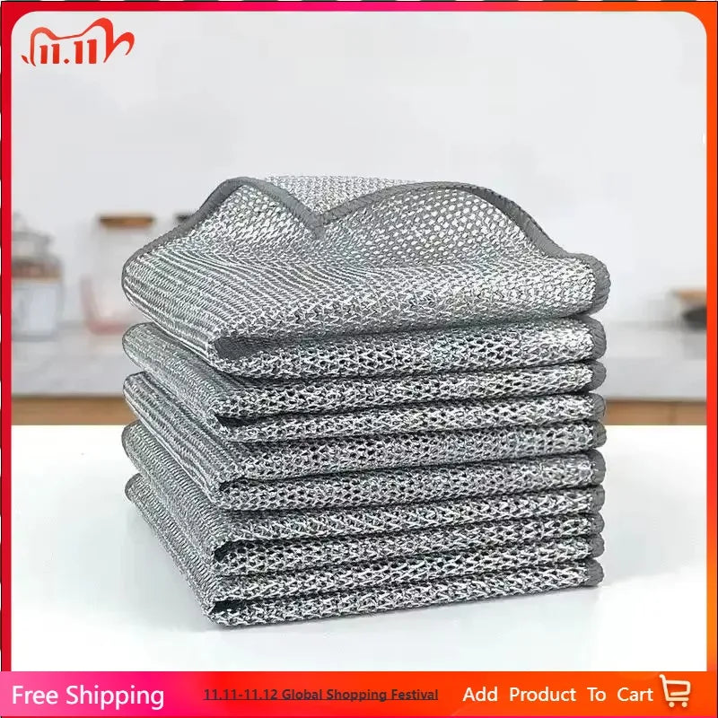 A stack of gray multipurpose non-stick kitchen cleaning cloths on a white surface.