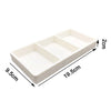White plastic drawer organizer tray with three compartments and dimensions labeled.