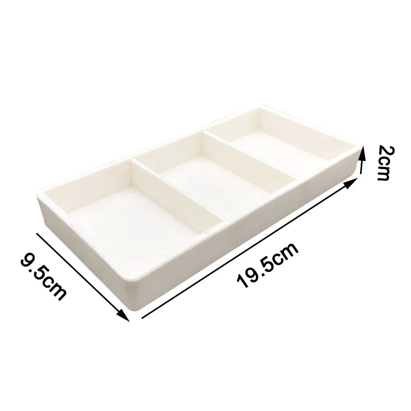 White plastic drawer organizer tray with three compartments and dimensions labeled.