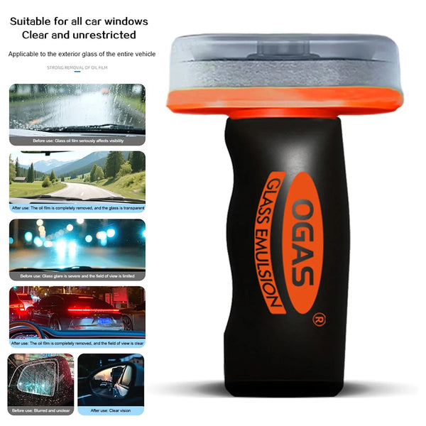 A black brush with an orange handle used to remove oil film from car glass, showing before and after results.