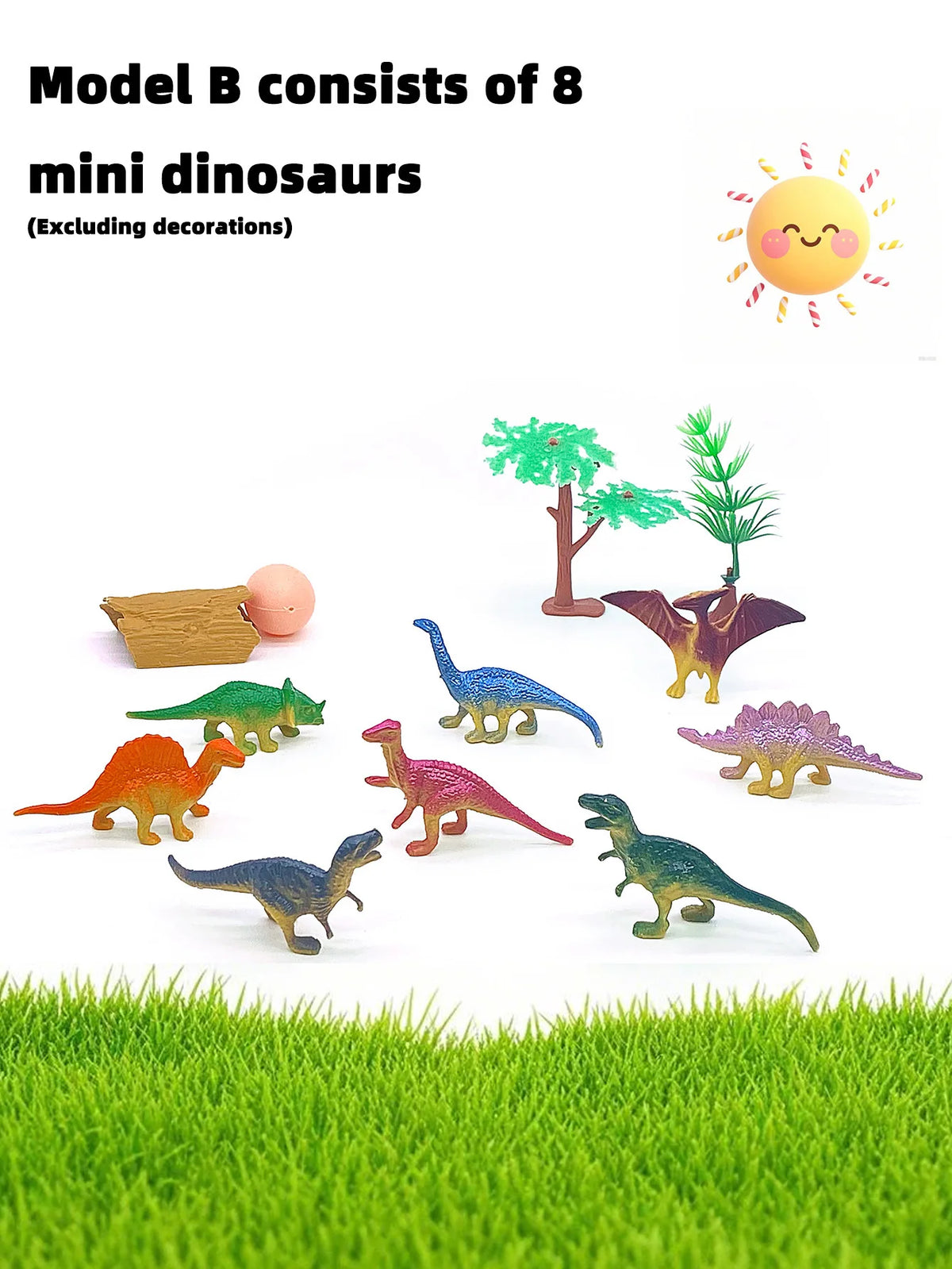 A set of eight mini dinosaur figurines, including a T-Rex and various other dinosaurs, displayed on green grass.