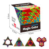 A magnetic magic cube puzzle shown with various 3D shapes and a set of star-shaped magnetic pieces.