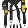 Black magnetic tool belt suspenders with yellow accents and a phone holder.