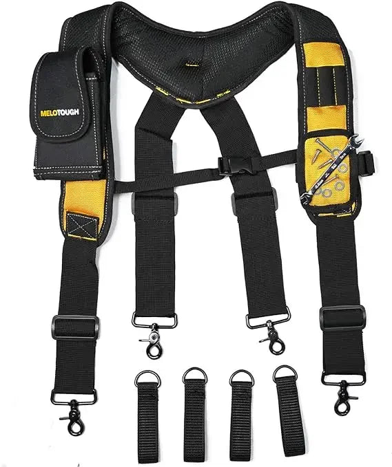 Black magnetic tool belt suspenders with yellow accents and a phone holder.