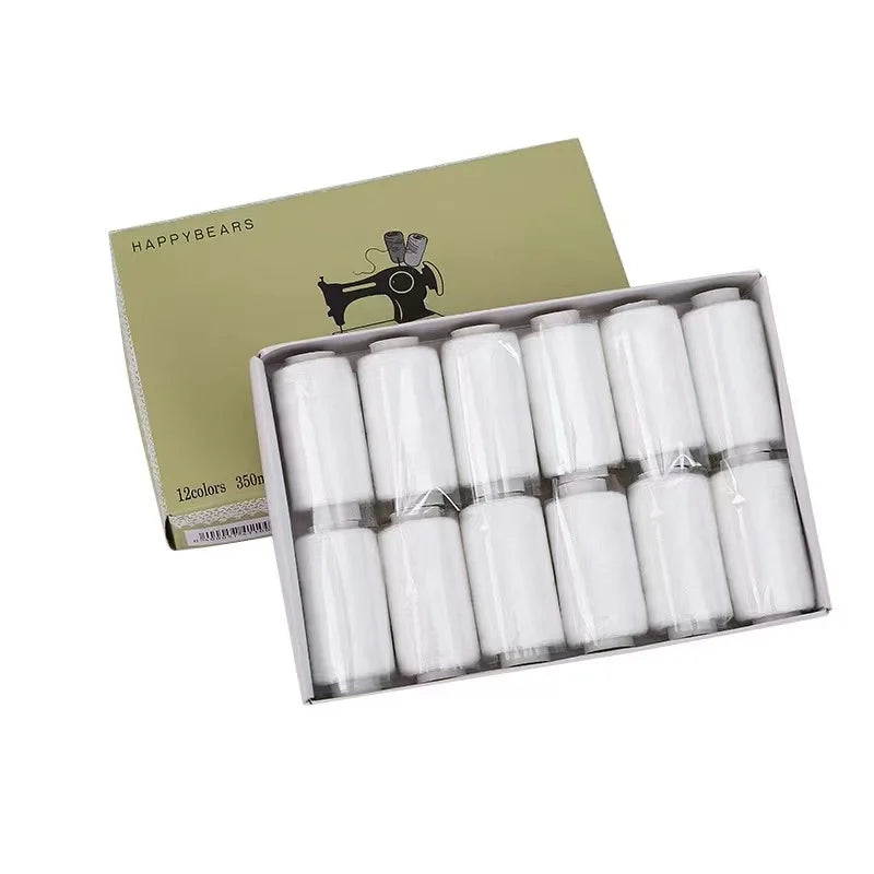 A box of 12-color polyester sewing thread with prewound bobbins labeled Happybears