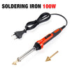 A soldering iron with a cord and tip is shown, used for plastic and leather repair.